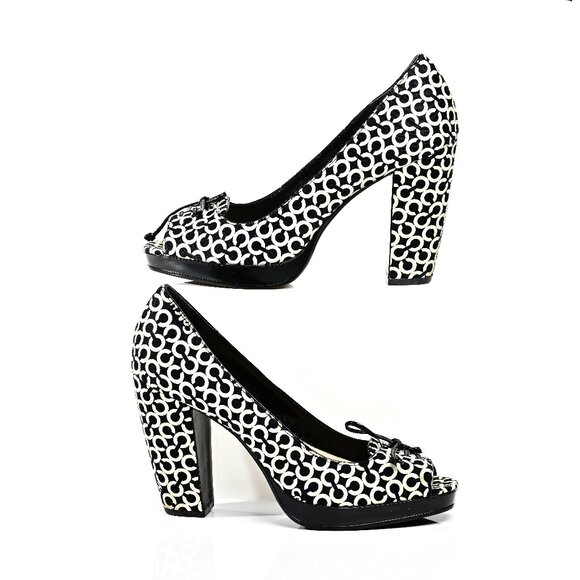 Coach Corey Monogram Black and White Logo Print Peep Toe Pumps - Picture 1 of 7
